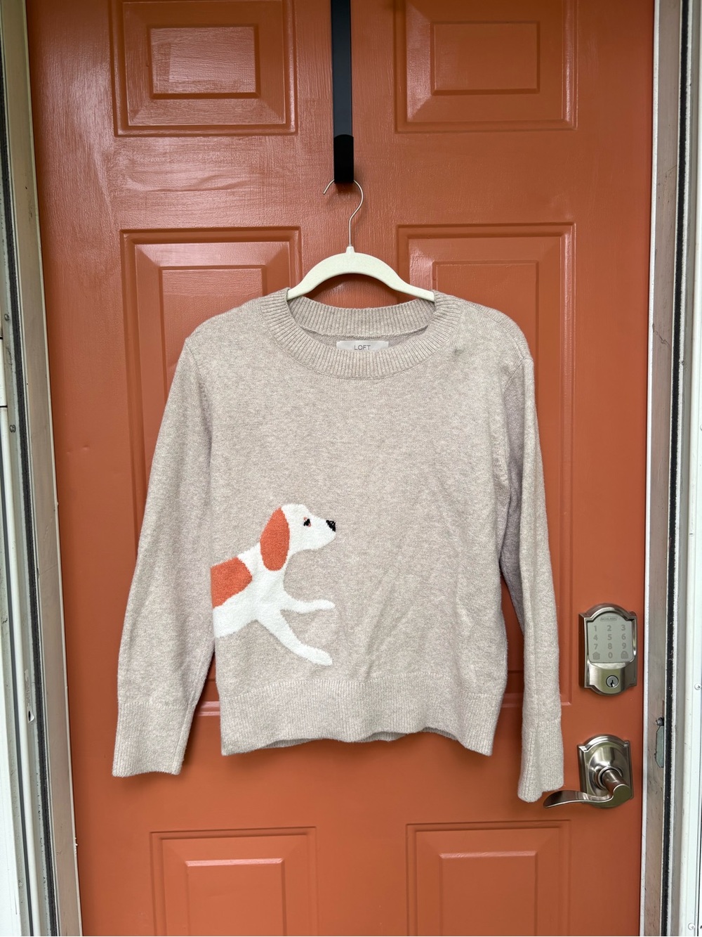 LOFT Beige Crewneck Sweater with Dog Applique in Orange and White